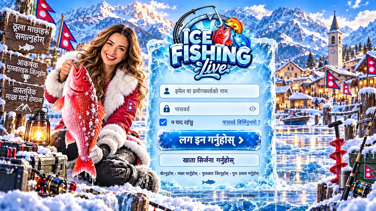 Casino sign-in form with email and password fields next to a player lifting a red fish from an ice hole