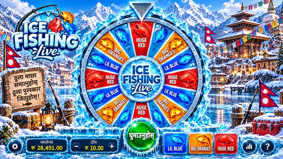 Ice Fishing game screen with the wheel, a balance readout, a Rs 10 bet and blue, orange and red fish bet buttons
