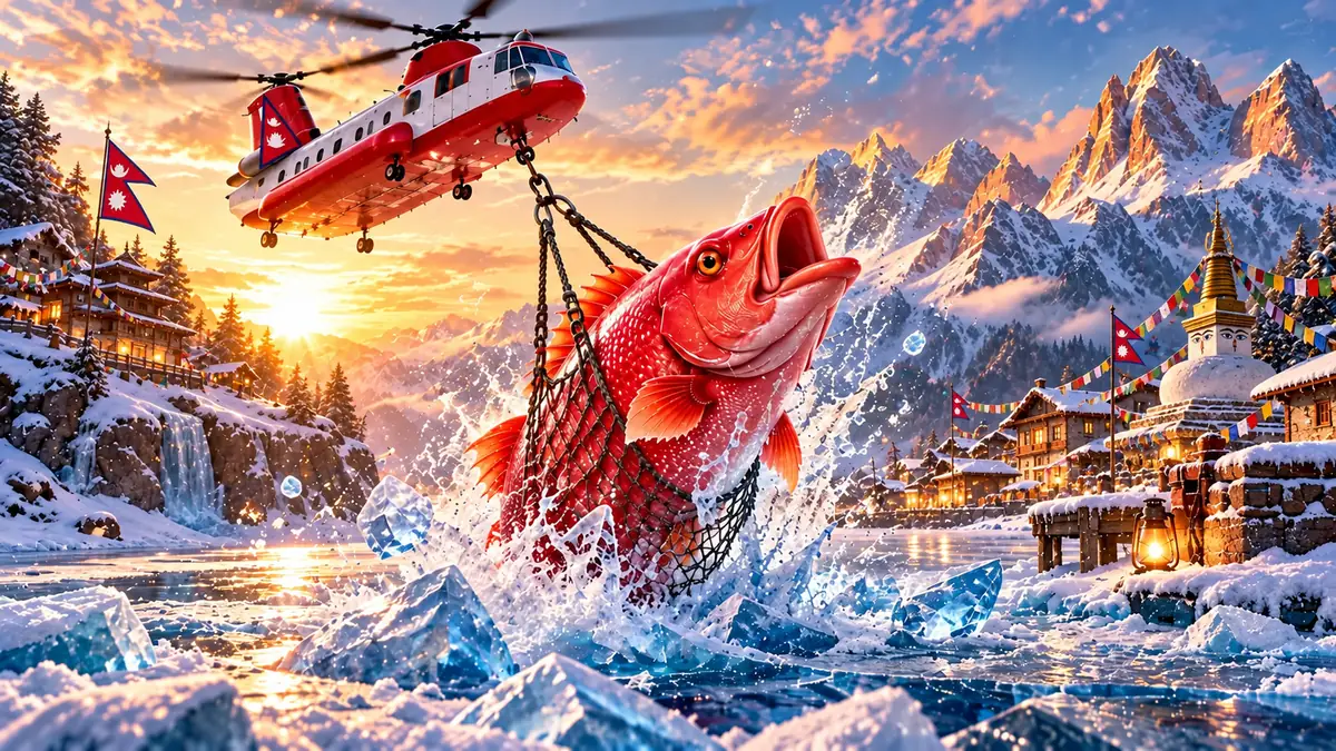 Helicopter lifting a huge red fish from a hole in the ice during the bonus round