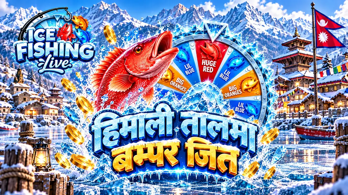 Ice Fishing promotional banner with a red fish arcing over the bonus wheel