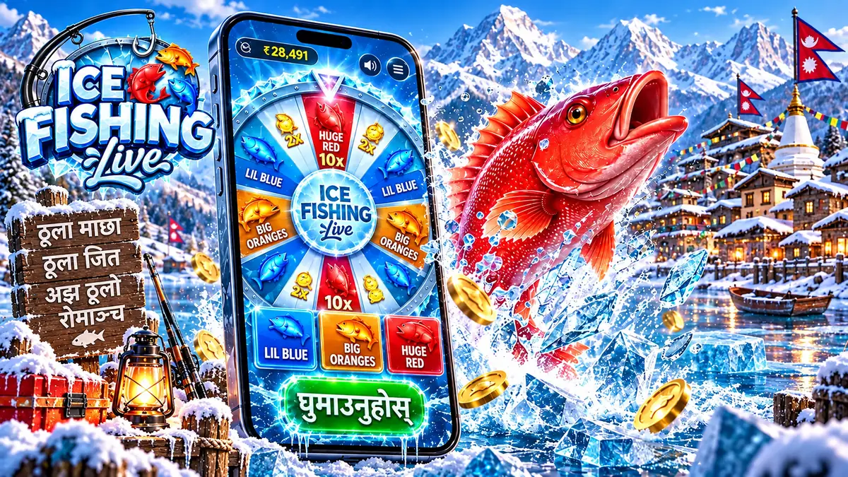 Smartphone showing the Ice Fishing wheel with coloured fish bet buttons and a spin control