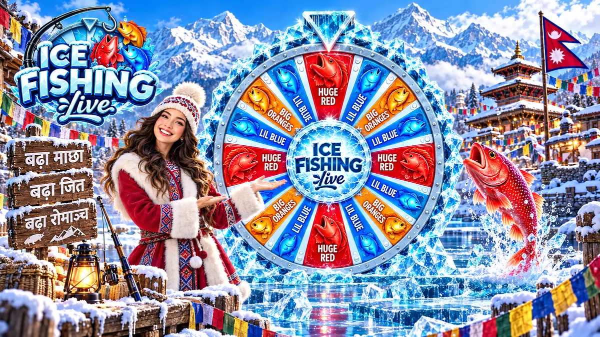 Presenter standing beside the Ice Fishing wheel in a snowy lakeside village