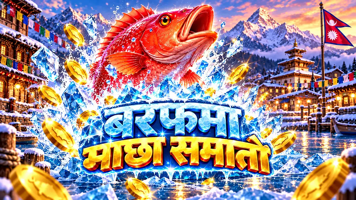 Red fish leaping from a hole in the ice with gold coins around it on the Ice Fishing banner